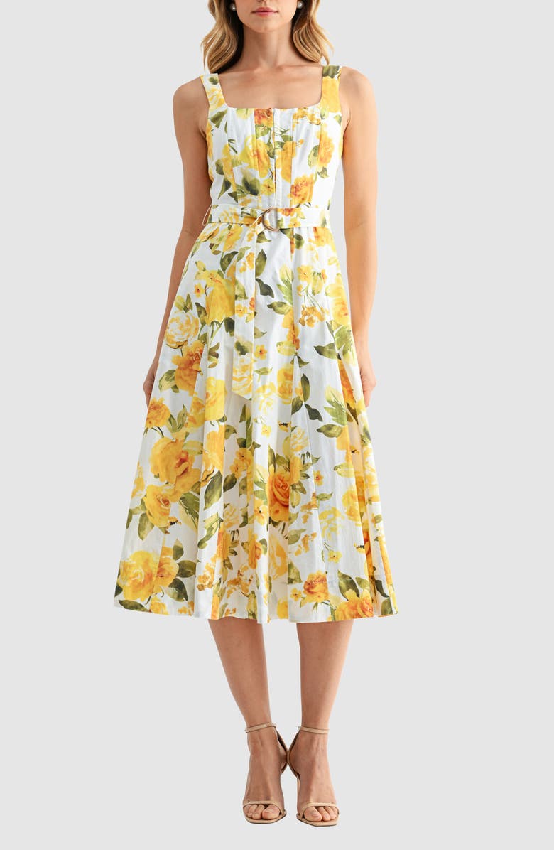 Mila Mae Belted Sleeveless Fit & Flare Midi Dress, Main, color, Yellow Floral