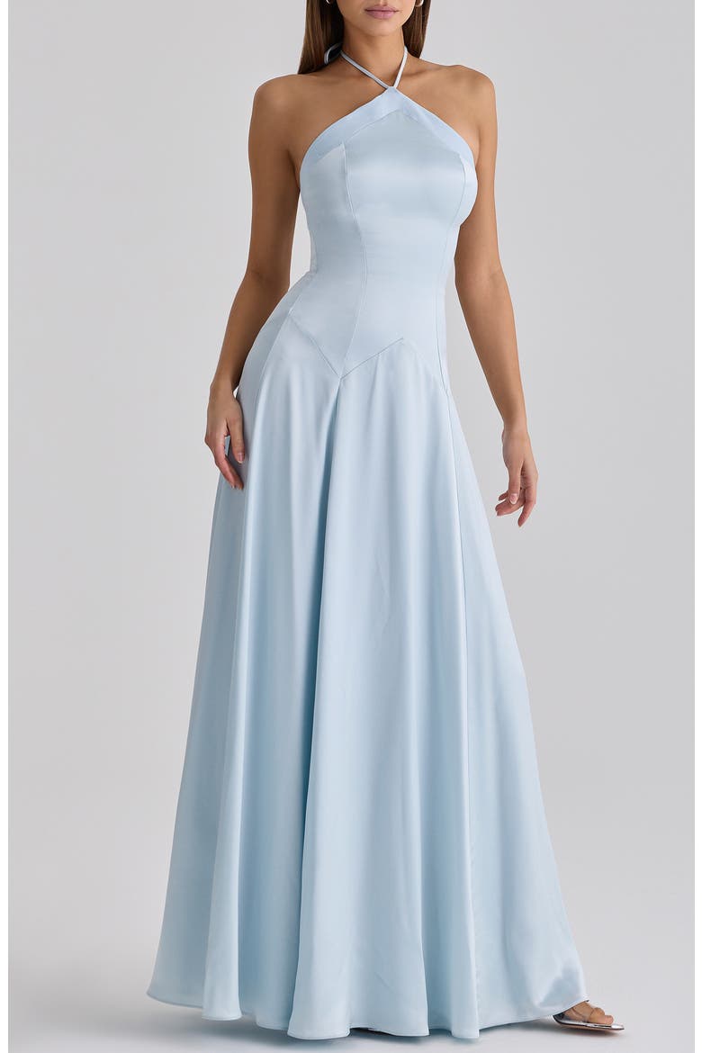Avelina Halter Neck Godet Satin Maxi Gown, Alternate, color, BLUE