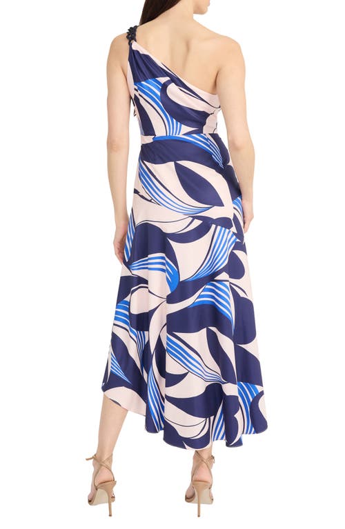 Maggy London Abstract Print Asymmetric Midi Dress In Navy/blush