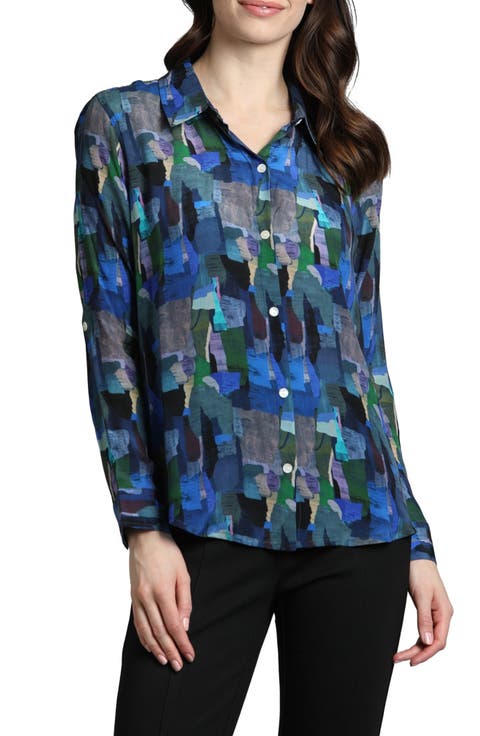 Abstract Print Roll Tab Sleeve Chiffon Button-Up Shirt