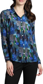 APNY Abstract Print Roll Tab Sleeve Chiffon Button-Up Shirt