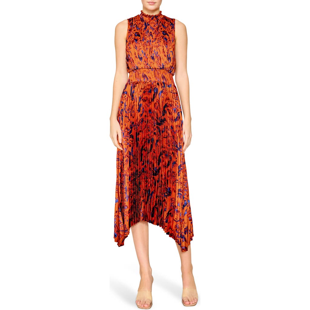 Melloday Paisley Pleated Handkerchief Hem Dress In Orange