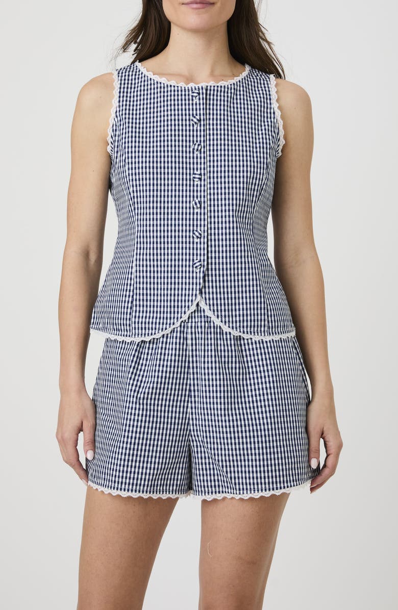 French Connection Lace Trim Gingham Vest, Main, color, Navy/ White Gingham