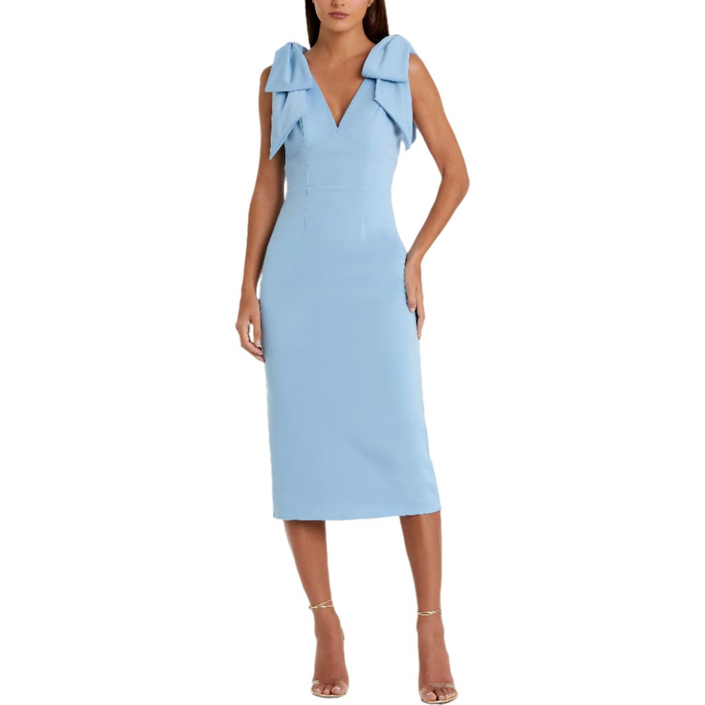 Mac Duggal Bow Strap Crepe Fitted Midi Dress In Powder Blue
