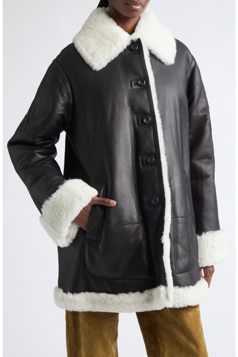 Blake Genuine Shearling Trim Leather Coat, Alternate, color, BLACK WHITE