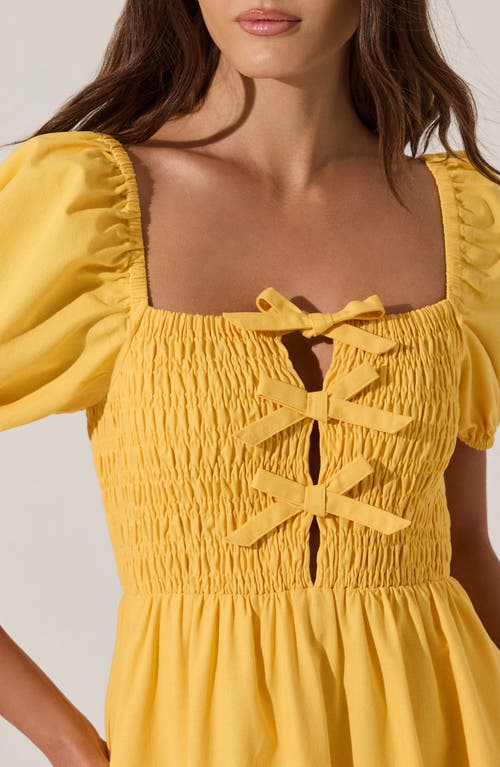 Astr The Label Bow Detail Smock Bodice Cotton Blend Dress In Mustard