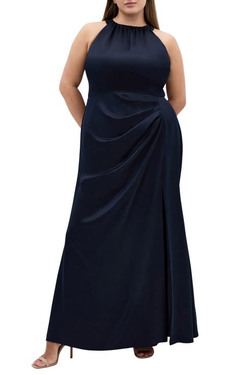 Celina Halter Neck Satin Maxi Dress (Plus)