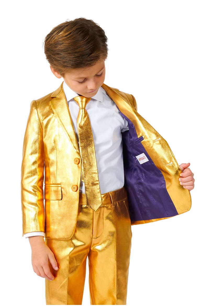 Kids' Groovy Golden Metallic Two-Piece Suit & Tie, Alternate, color, GOLD