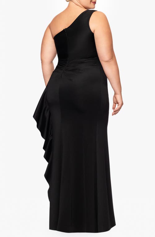 Xscape Evenings One-shoulder Ruffle Detail Scuba Gown In Black