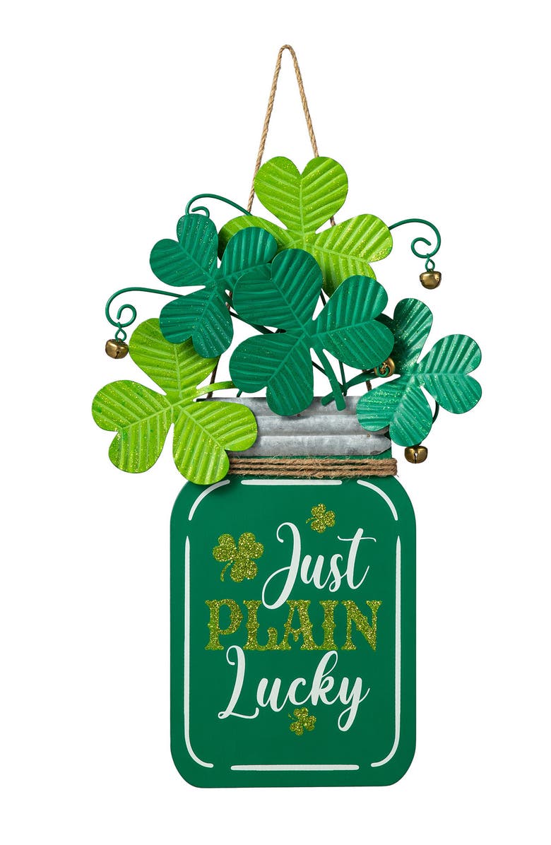 Glitzhome St. Patrick
s Wooden Metal Mason Jar with Shamrock Door Hanger, Main, color, Green