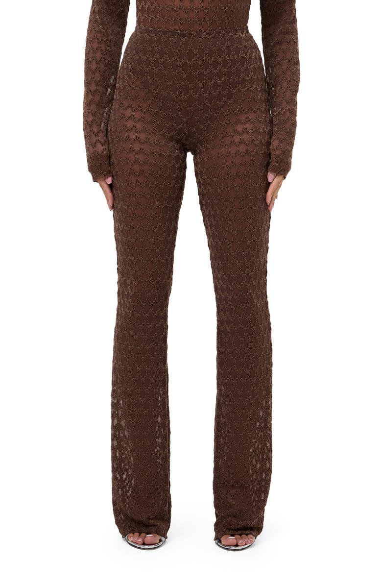 Naked Wardrobe Flocked Velvet Mesh Bootcut Pants, Main, color, Chocolate