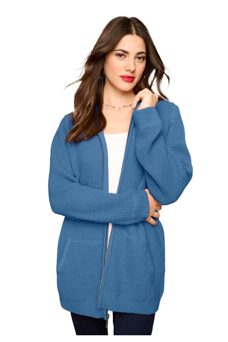Plus Size Waffle Knit Zip Front Relaxed Hoodie, Main, color, VIVID BLUE
