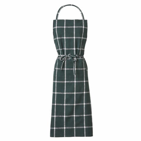 Classic Check Slub Bib Apron Large Pocket Waist Tie Dark Green