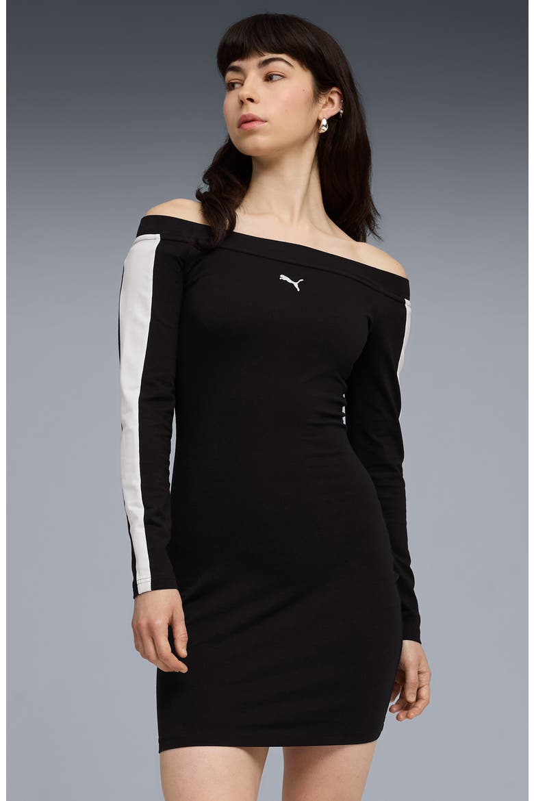 T7 Off the Shoulder Bodycon Dress, Alternate, color, PUMA BLACK