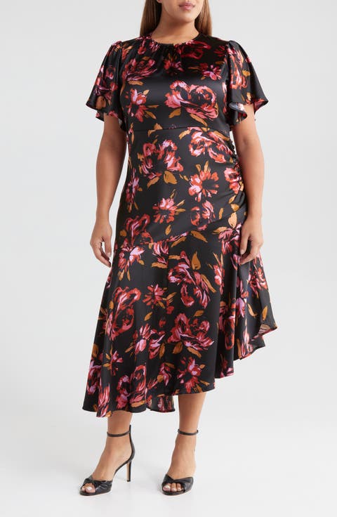 Asymmetric Hem Satin Dress (Plus Size)