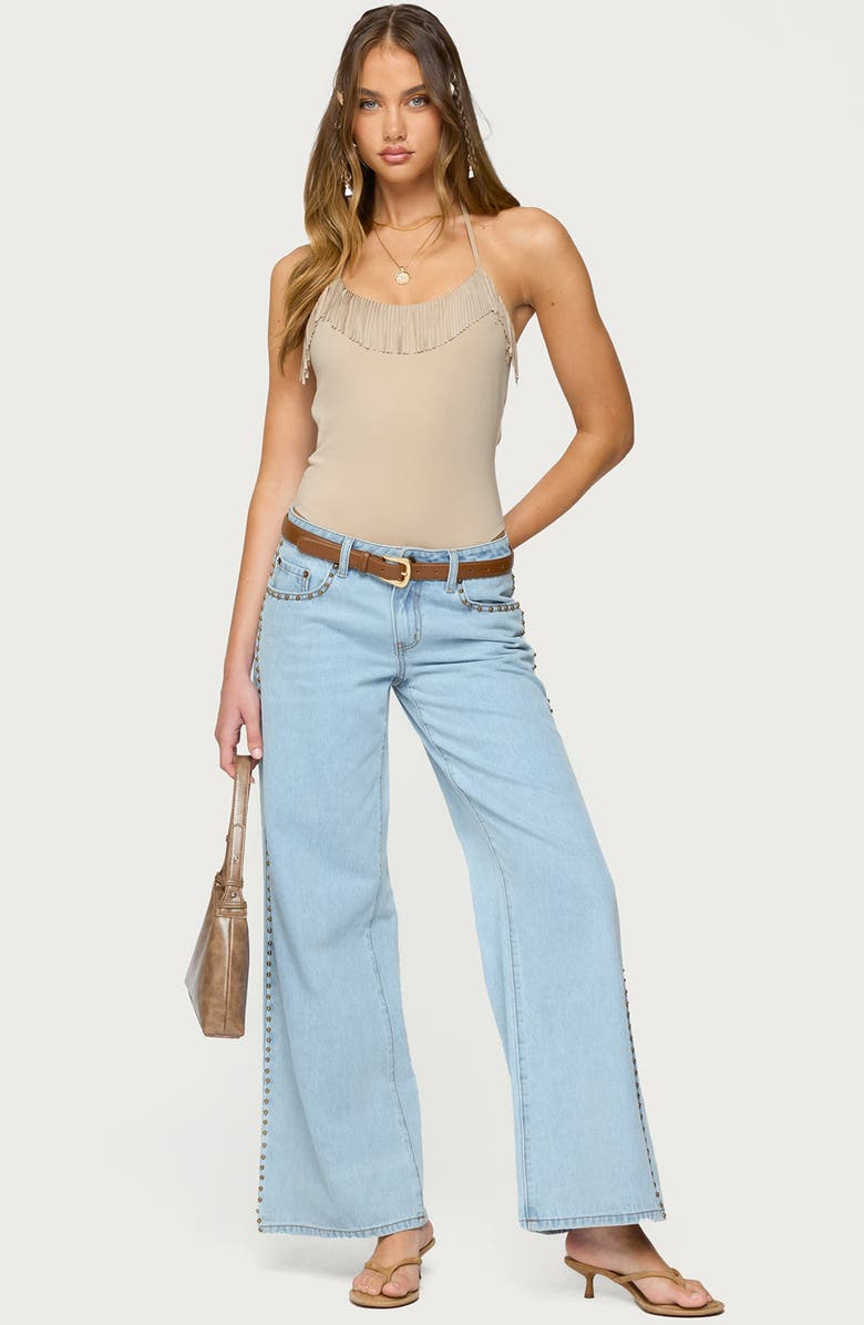 EDIKTED Colbie Faux Suede Fringe Trim Bodysuit, Alternate, color, Beige