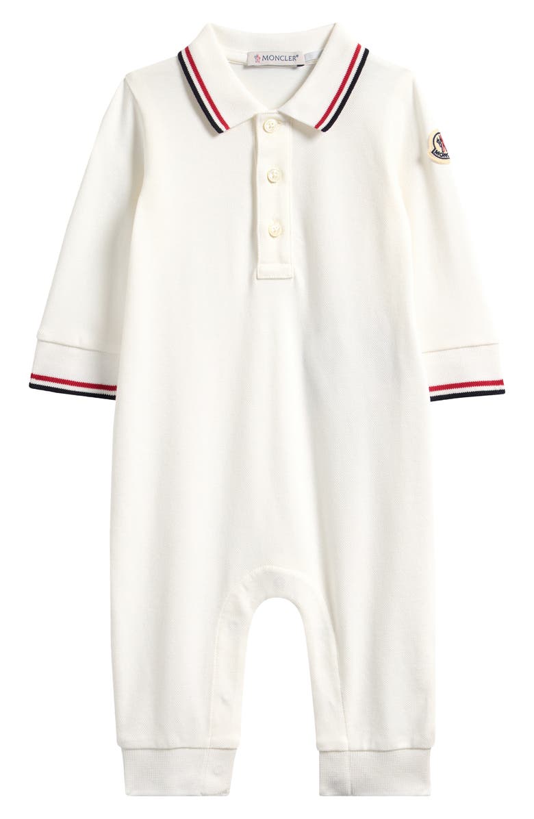 Moncler Stretch Cotton Piqué Polo Romper, Main, color, White