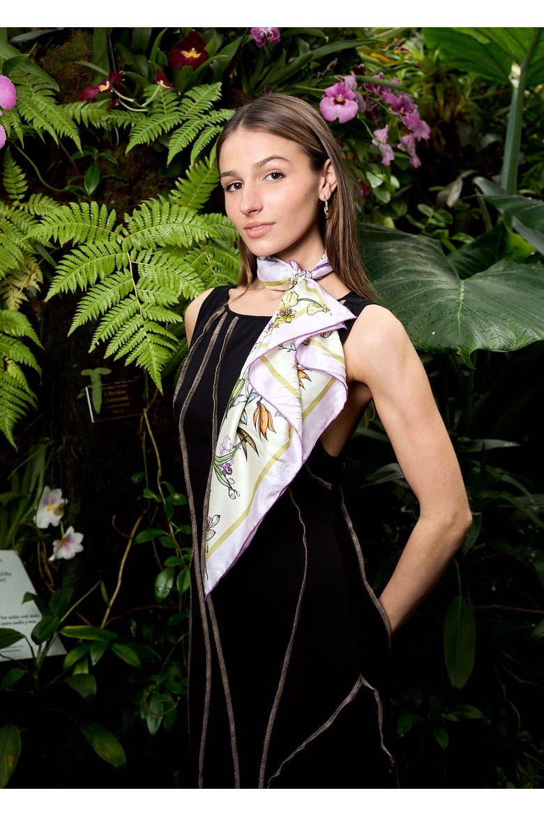X NYBG "Orchid Symphony" Silk Bandana Scarf, Alternate, color, Beige