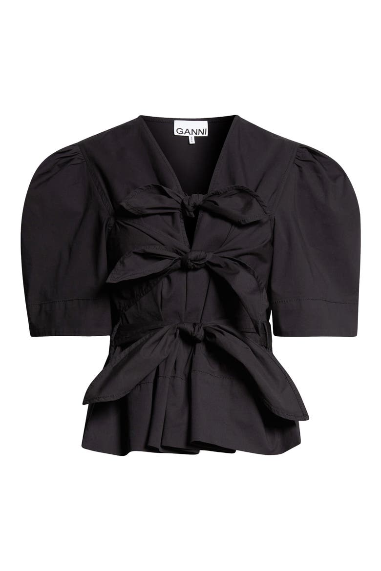 Bow Front Puff Sleeve Organic Cotton Poplin Top, Alternate, color, BLACK