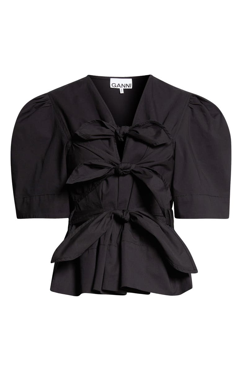 Ganni Bow Front Puff Sleeve Organic Cotton Poplin Top, Alternate, color, Black