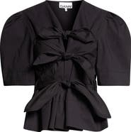 Ganni Bow Front Puff Sleeve Organic Cotton Poplin Top
