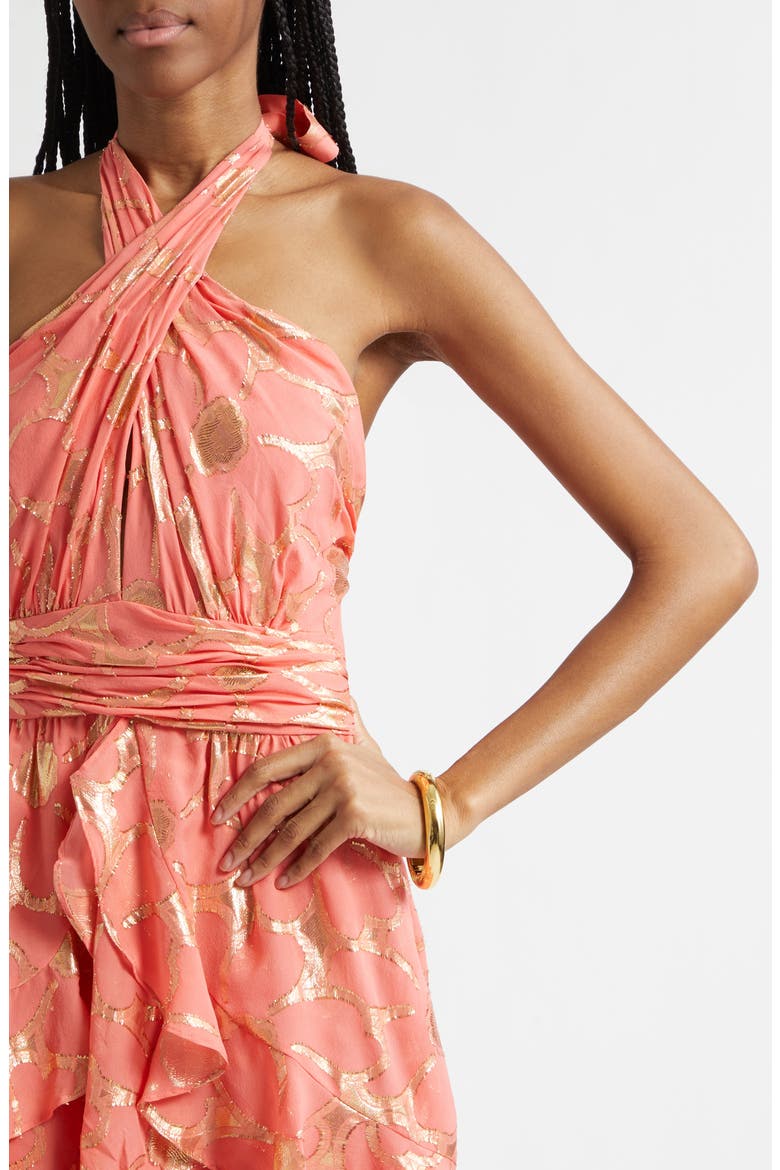 Reuben Metallic Daisy Print Mini Halter Dress, Alternate, color, CORAL JACQUARD