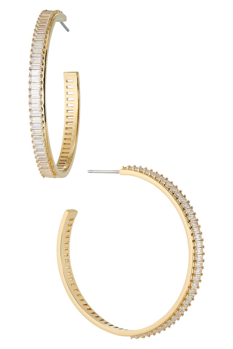 Large Disco Baguette Cubic Zirconia Hoop Earrings, Main, color, GOLD