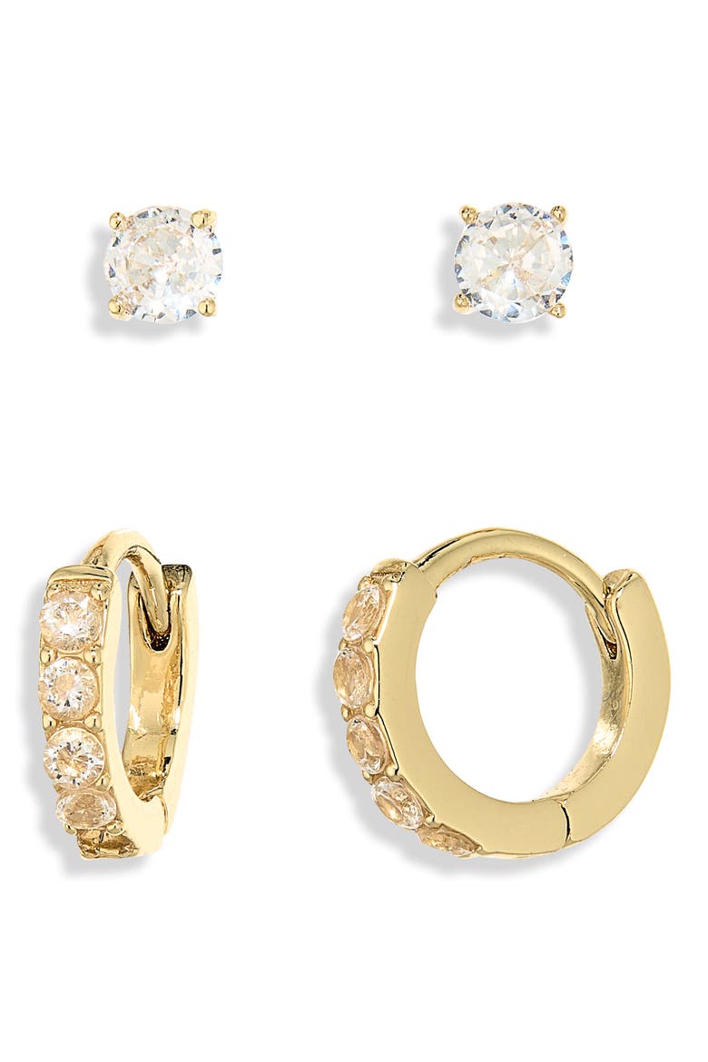 Set of 2 Cubic Zirconia Stud & Huggie Hoop Earrings, Alternate, color, CLEAR- GOLD