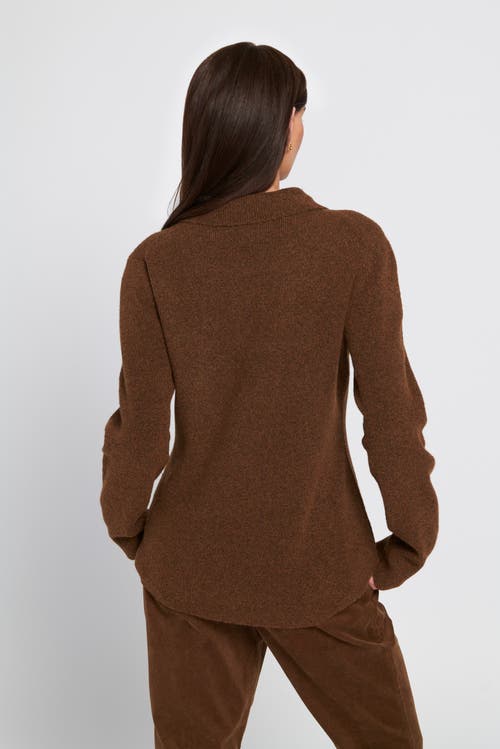 Elle Collection Fuzzy Knit Jumper Henley Sweater In Brown