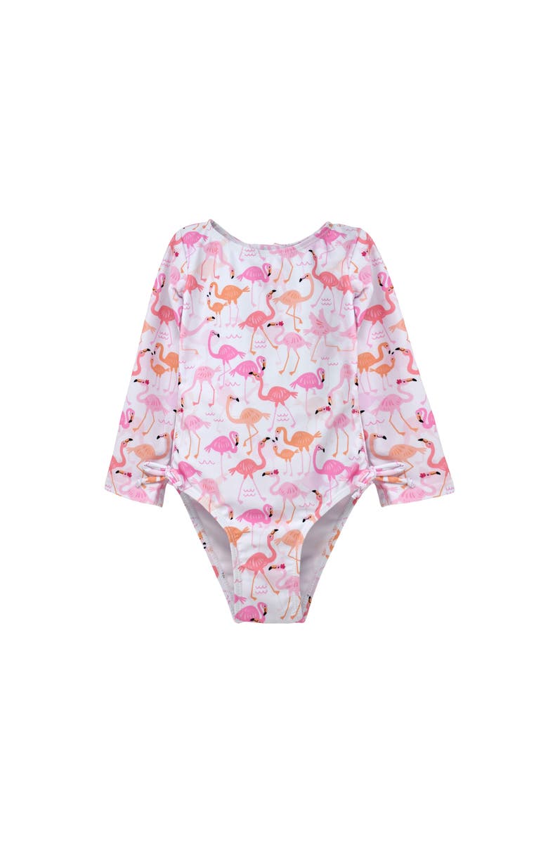 Flap Happy Girl's UPF 50+ Charlie Long SleeveRash Guard Swimsuit, Main, color, Flamingo Love