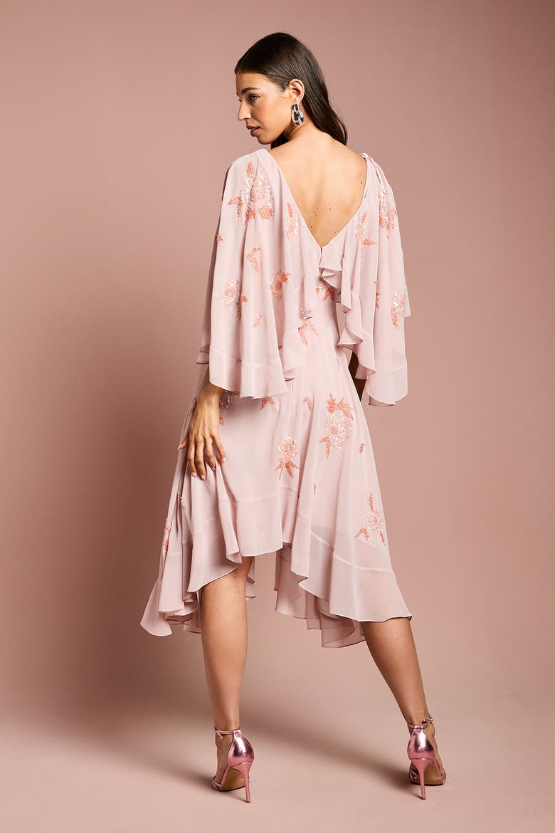 Embellished Frill Cape Midi Dress, Alternate, color, Nude