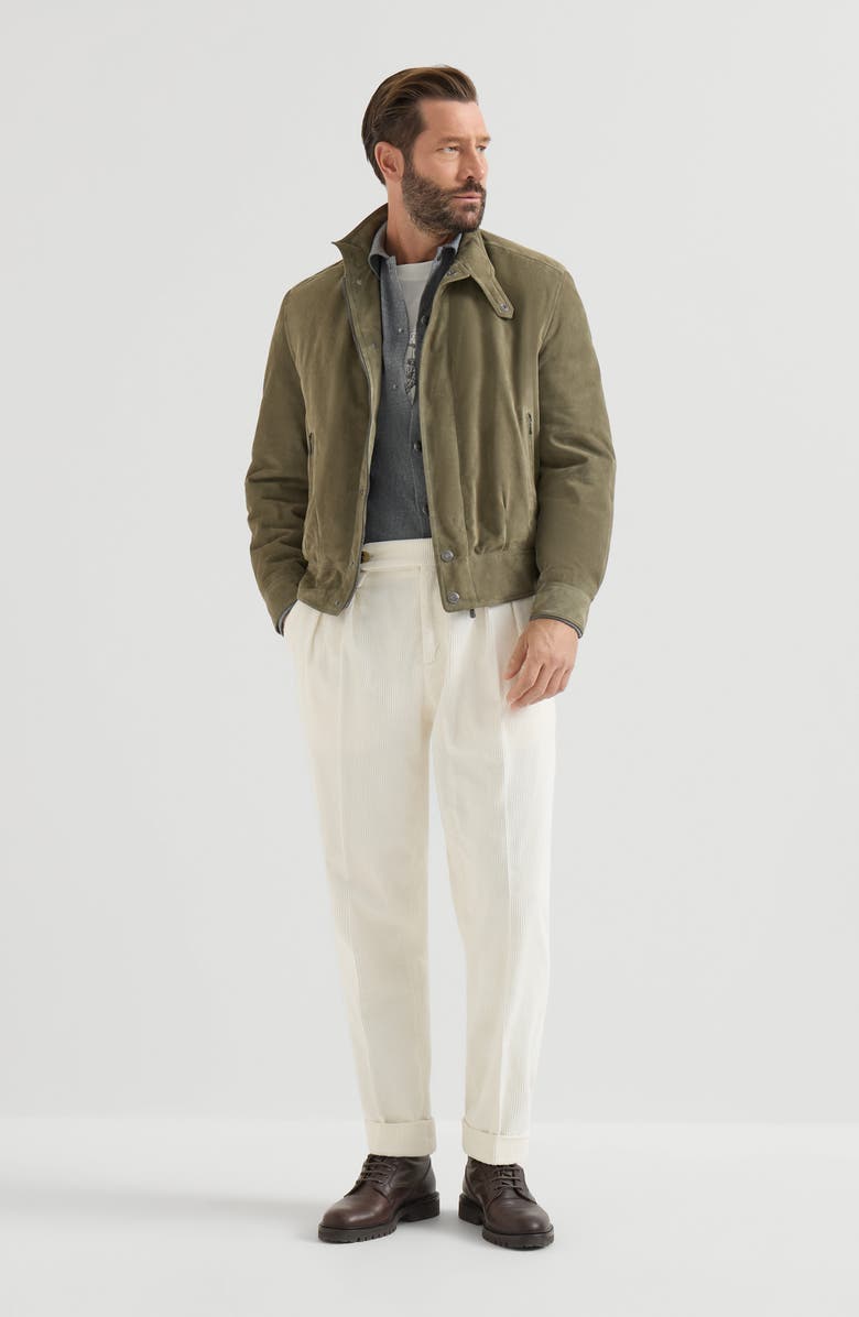 Brunello Cucinelli Suede outerwear jacket with Thermore<sup>®</sup> padding and standing collar, Alternate, color, Military