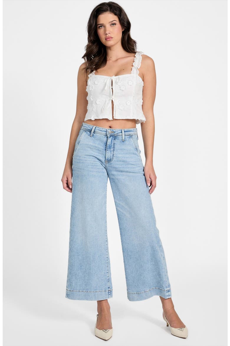 Zurey Floral Embroidered Tie Front Crop Top, Alternate, color, WHITE