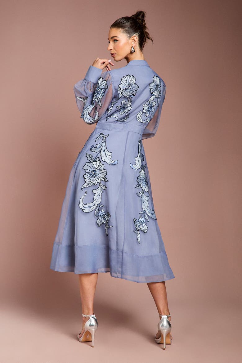 Embroidered Sheer Sleeve Midi Dress, Alternate, color, Blue