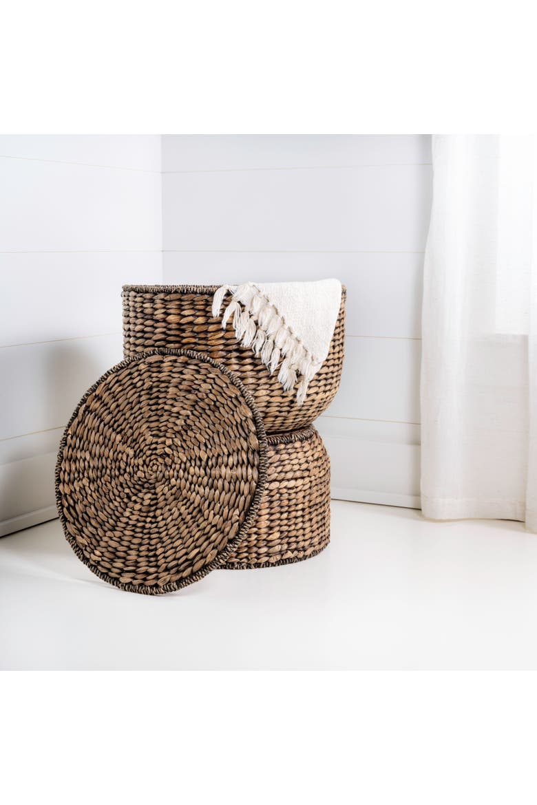 Bhola Hourglass Handwoven Hyacinth Storage Accent Table with Lid, Alternate, color, Brown Wash