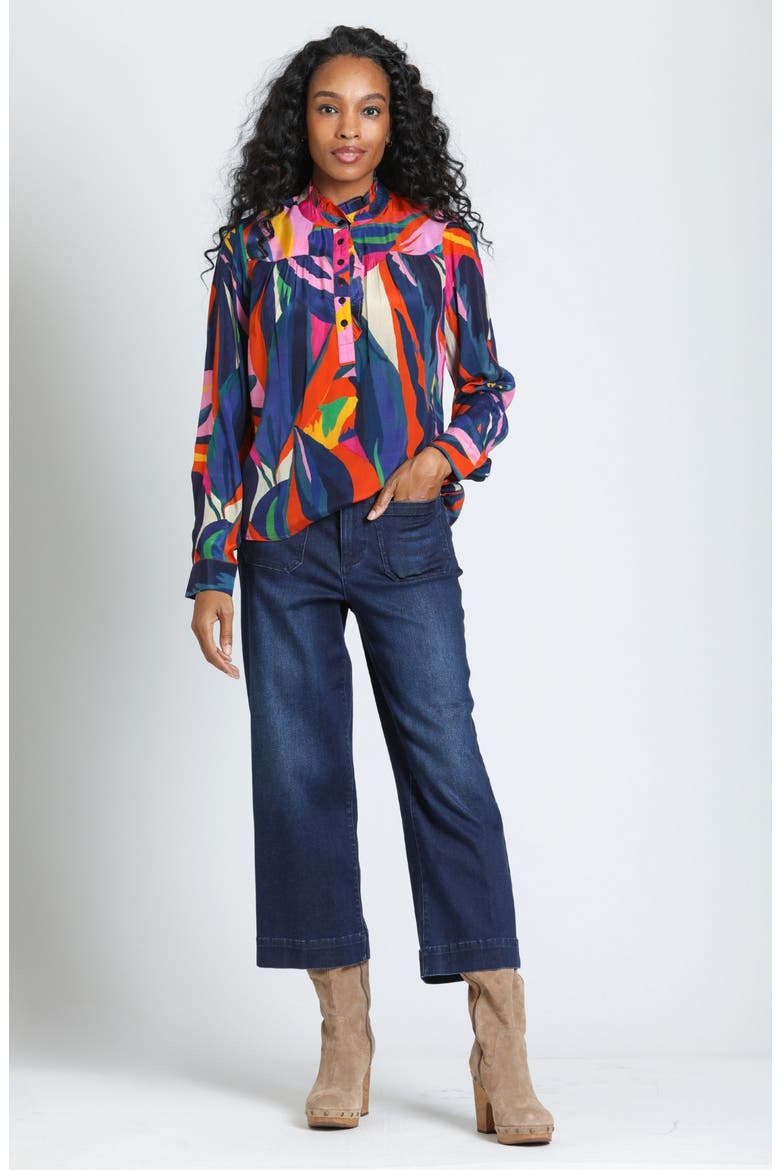 Print Ruffle Placket Top, Alternate, color, INDIGO SAPPHIRE/BLOOM