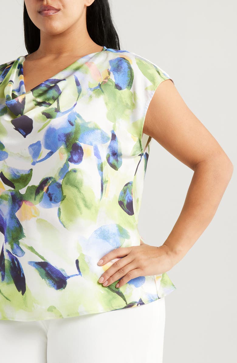 Tahari ASL Watercolor Cowl Neck Satin Top, Alternate, color, Fern Watercolor