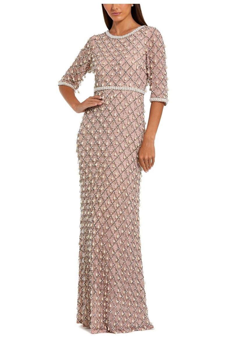 Mac Duggal 3/4 Sleeve Pearl Embellished Mesh Gown, Main, color, Light Rose