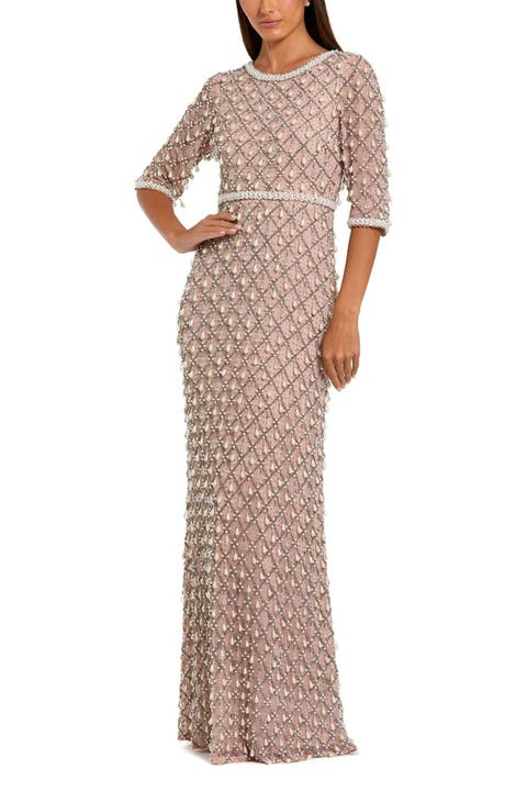3/4 Sleeve Pearl Embellished Mesh Gown