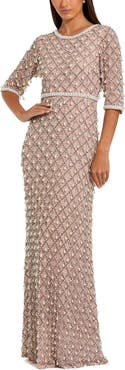 Mac Duggal 3/4 Sleeve Pearl Embellished Mesh Gown