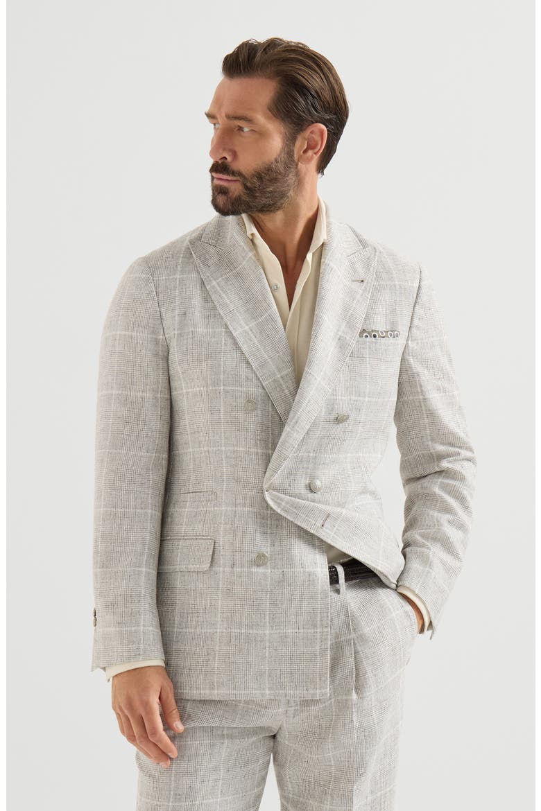 Linen Prince of Wales one-and-a-half breasted deconstructed blazer with metal buttons, Main, color, Panama