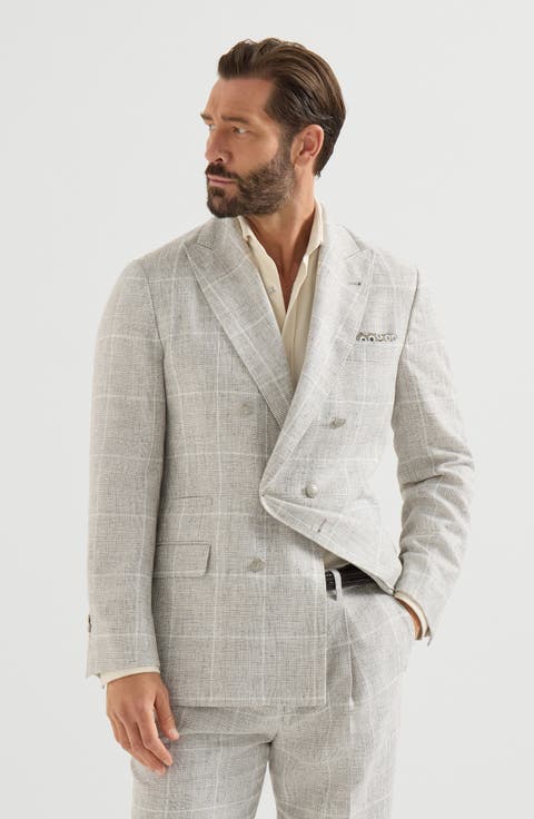 Linen Prince of Wales one-and-a-half breasted deconstructed blazer with metal buttons