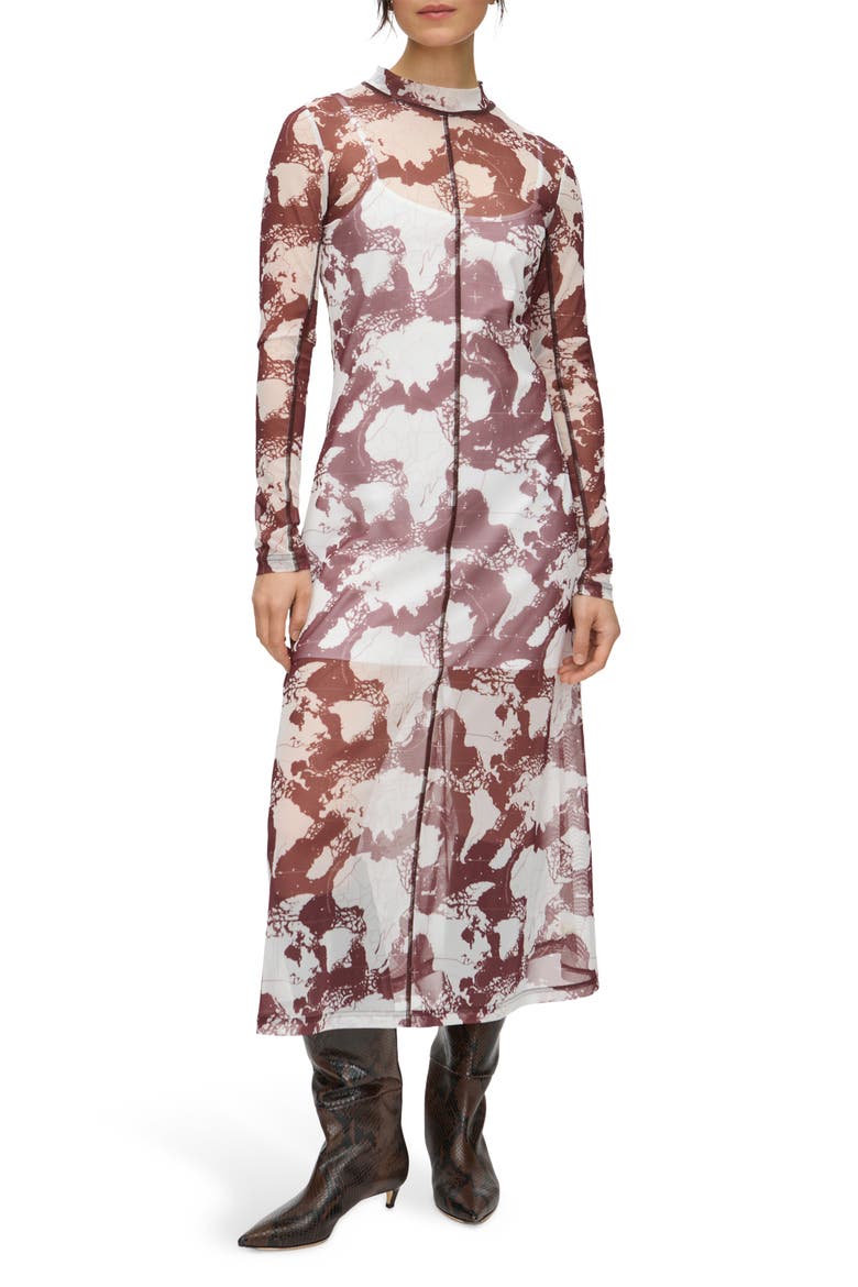 Starla Abstract Print Long Sleeve Mesh Dress, Main, color, OXBLOOD MIX
