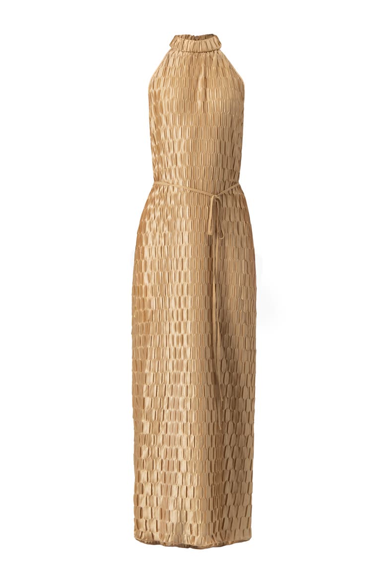 Pleated  Halter-Neck Long Dress, Alternate, color, Light Brown