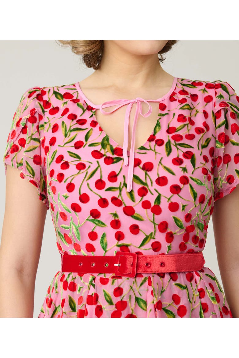 Short Petal Sleeve Tie Neck Dahlia Swing Dress, Alternate, color, Pink W/ Cherries