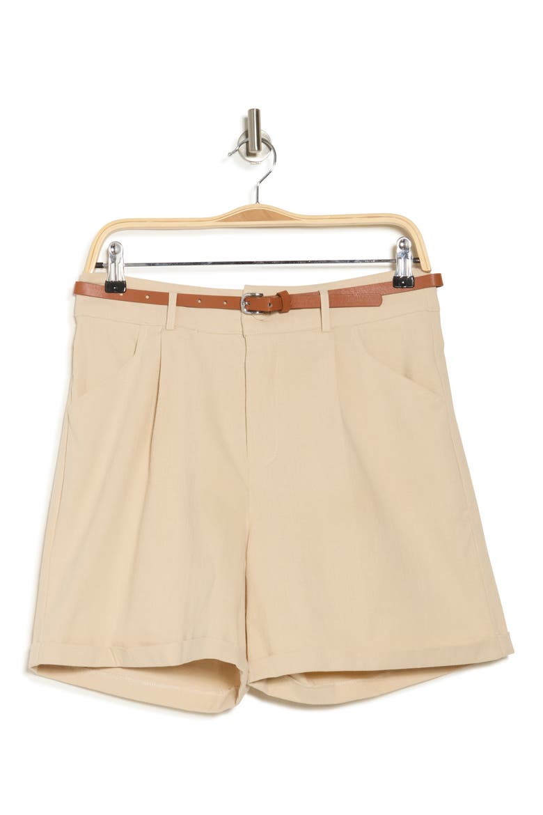 Belted Pleated Front Stretch Cotton Shorts, Alternate, color, BONE