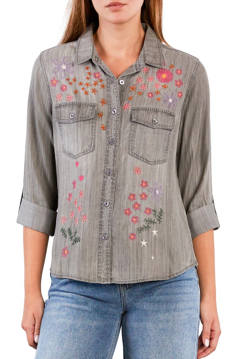 Floral Crush Embroidered Denim Shirt, Main, color, PERFECT GREY