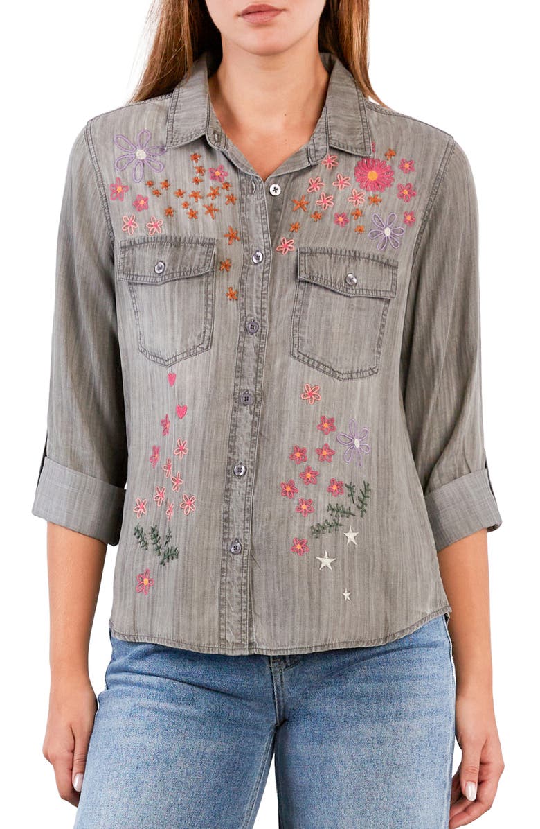 Billy T Floral Crush Embroidered Denim Shirt, Main, color, Perfect Grey