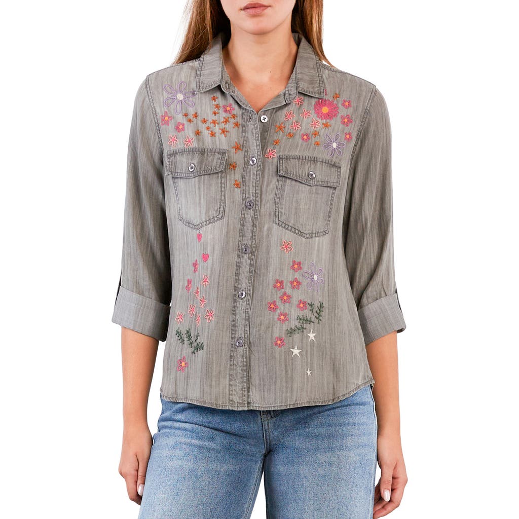 Billy T Floral Crush Embroidered Denim Shirt In Gray
