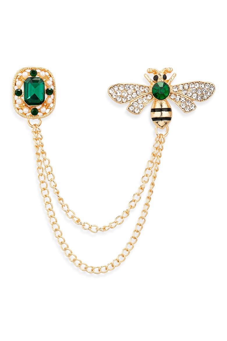 Men's Embellished Bee & Jewel Chained Lapel Pin, Main, color, GOLD